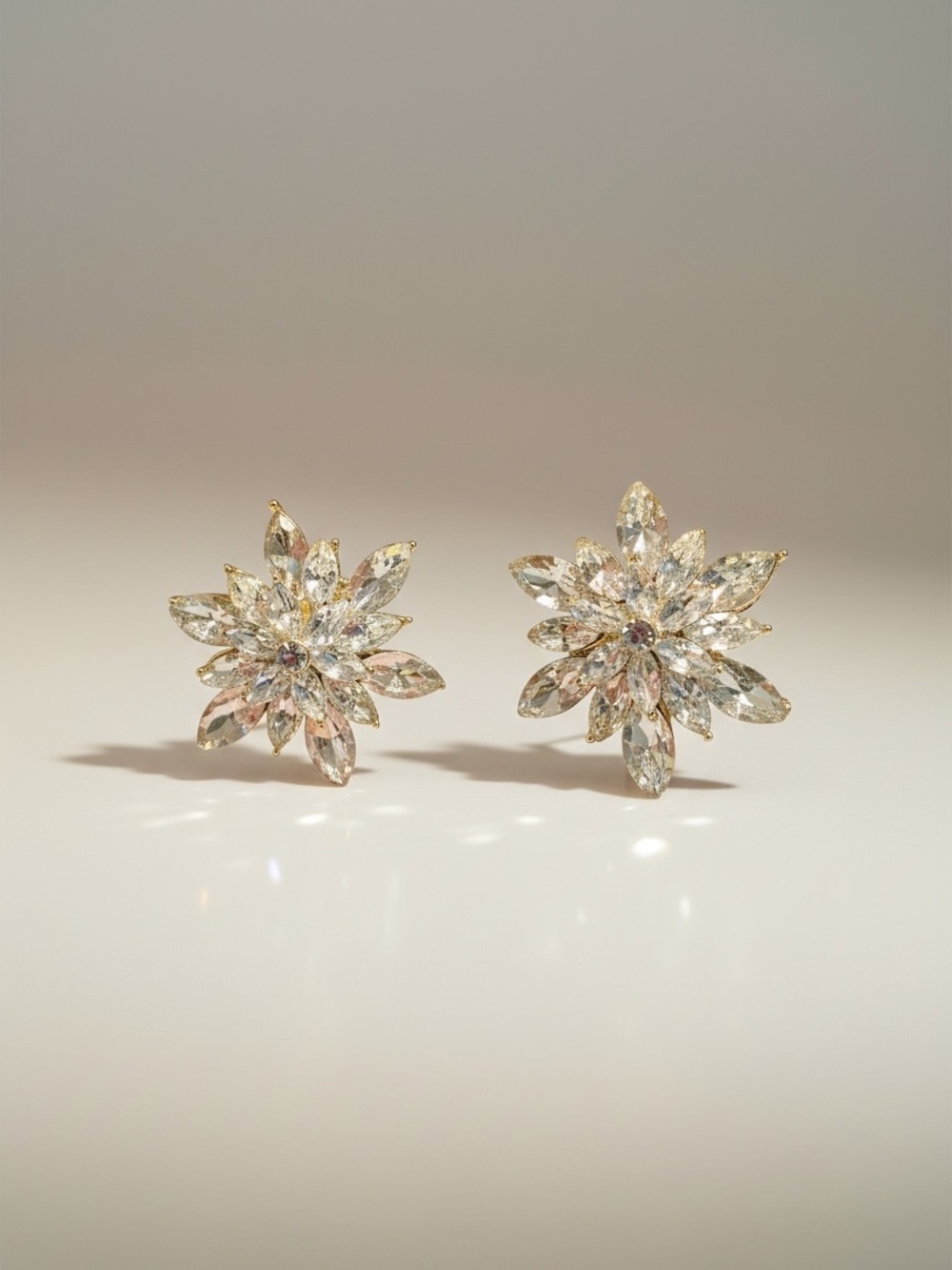 Gold-Tone Crystal Flower Stud Earrings - Clear Sparkle